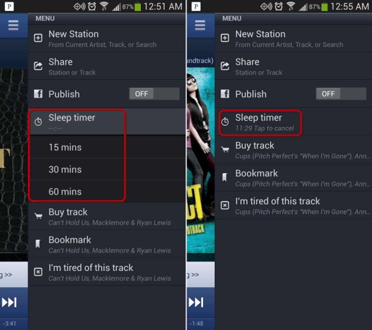 Pandora sleep timer on mobile