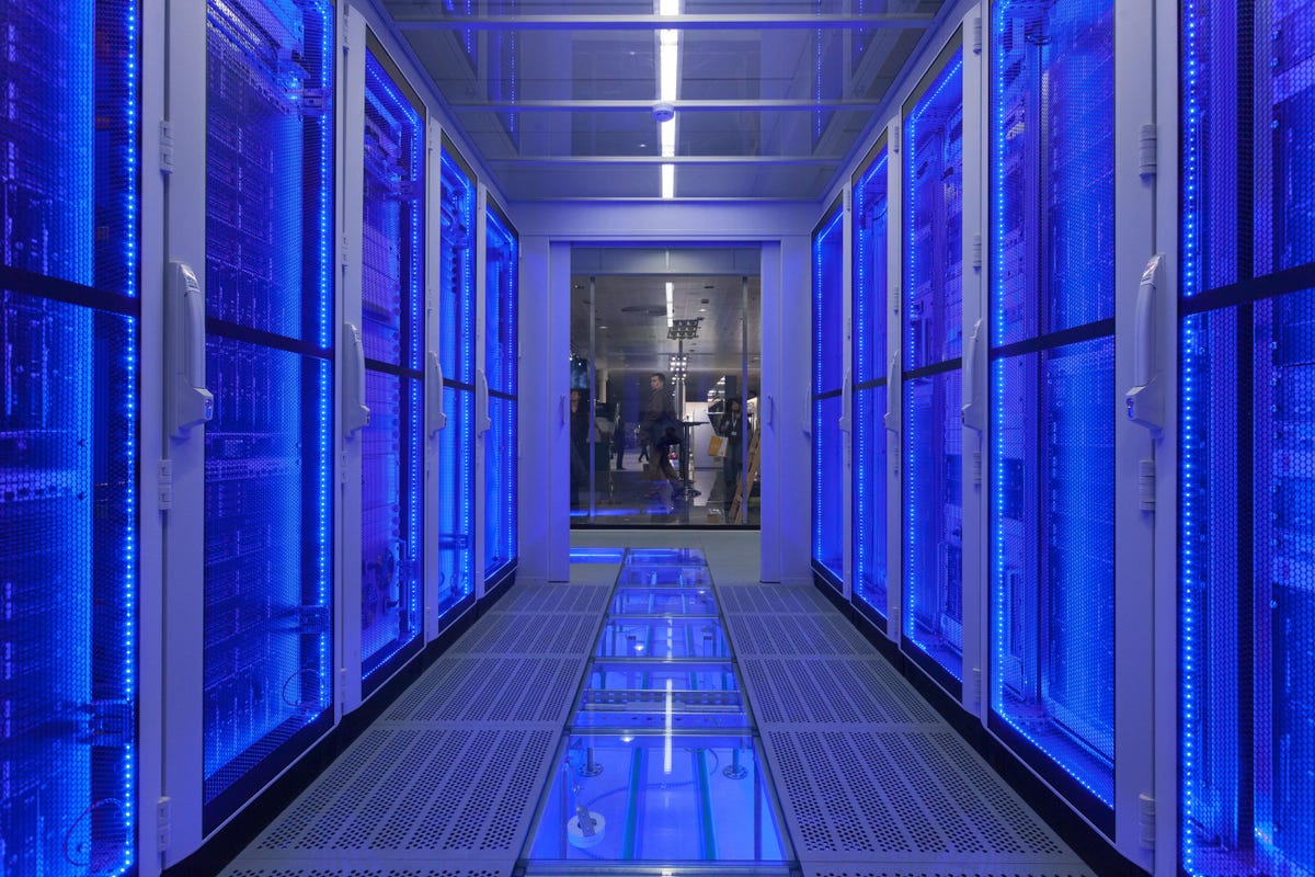 Server room with blue lights