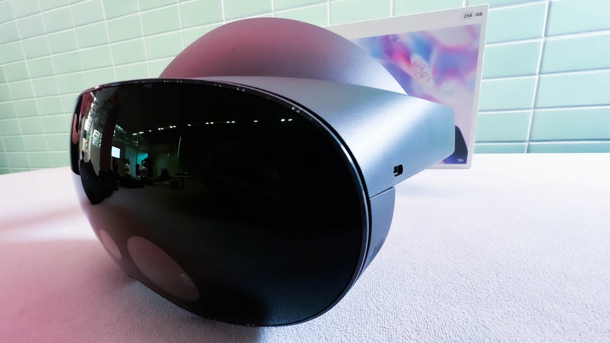 Quest Pro VR headset, seen close up from the side