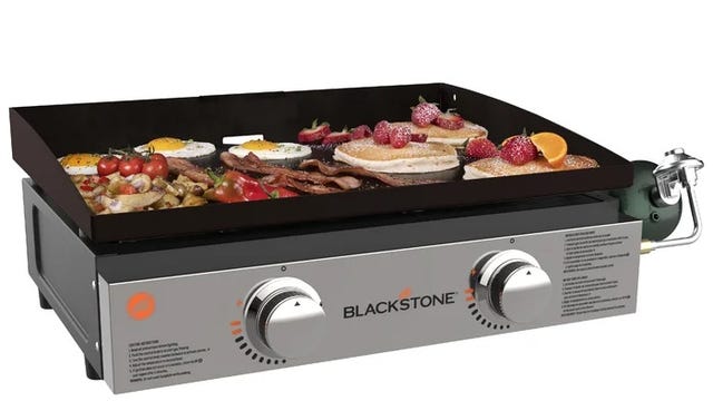 Blackstone 2 burner cooktop with breakfast foods on top