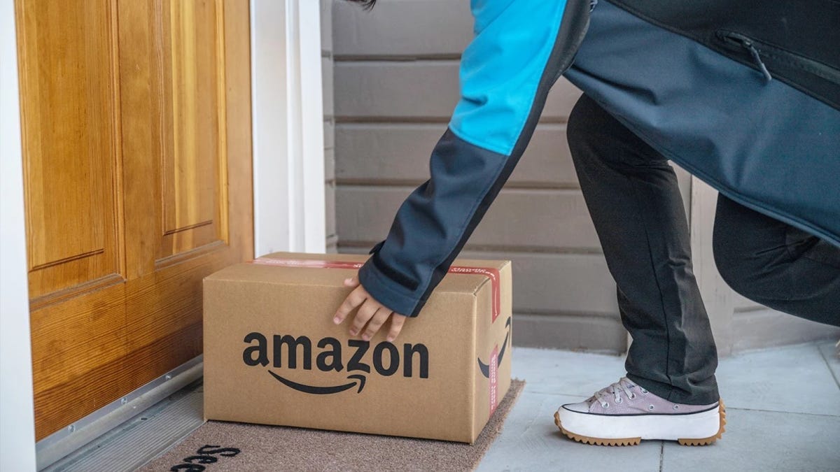 Amazon driver making a delivery to a customer's front door