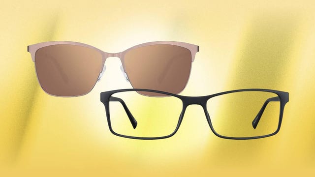 A pair of women's sunglasses and men's glasses are displayed against a yellow background.