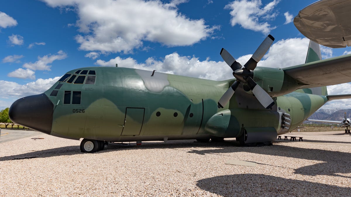 A green-on-green C-130 transport.