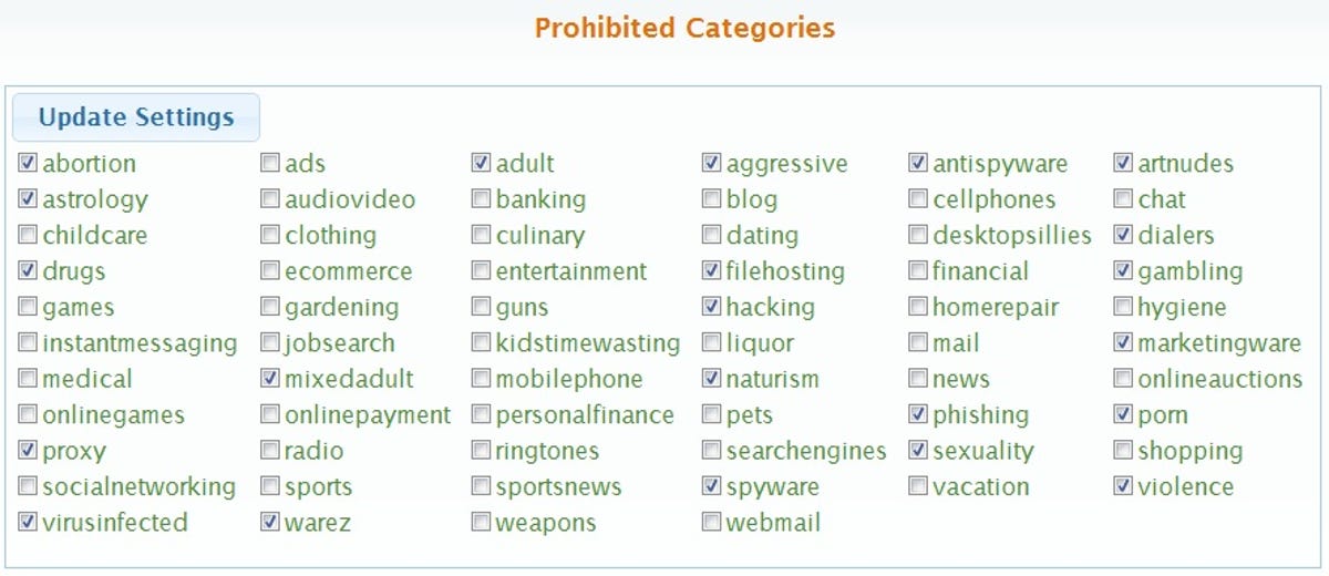 ZipZap browser's prohibited categories