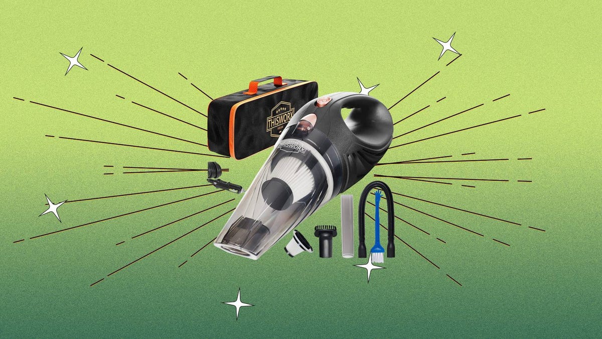A ThisWorx Car Vacuum Cleaner with accessories is displayed against a green background.