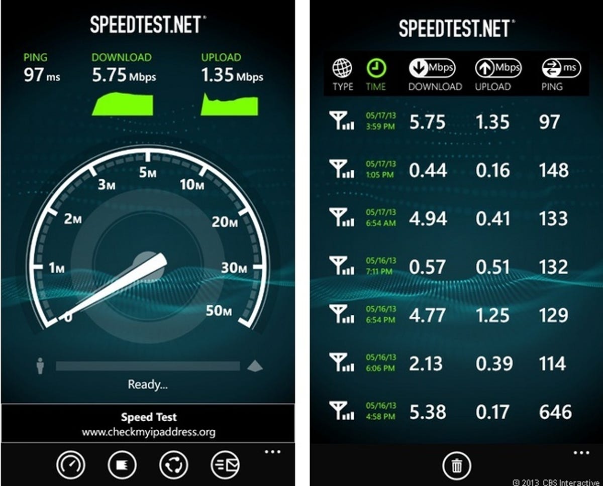 Speedtest.net results on Nokia Lumia 521