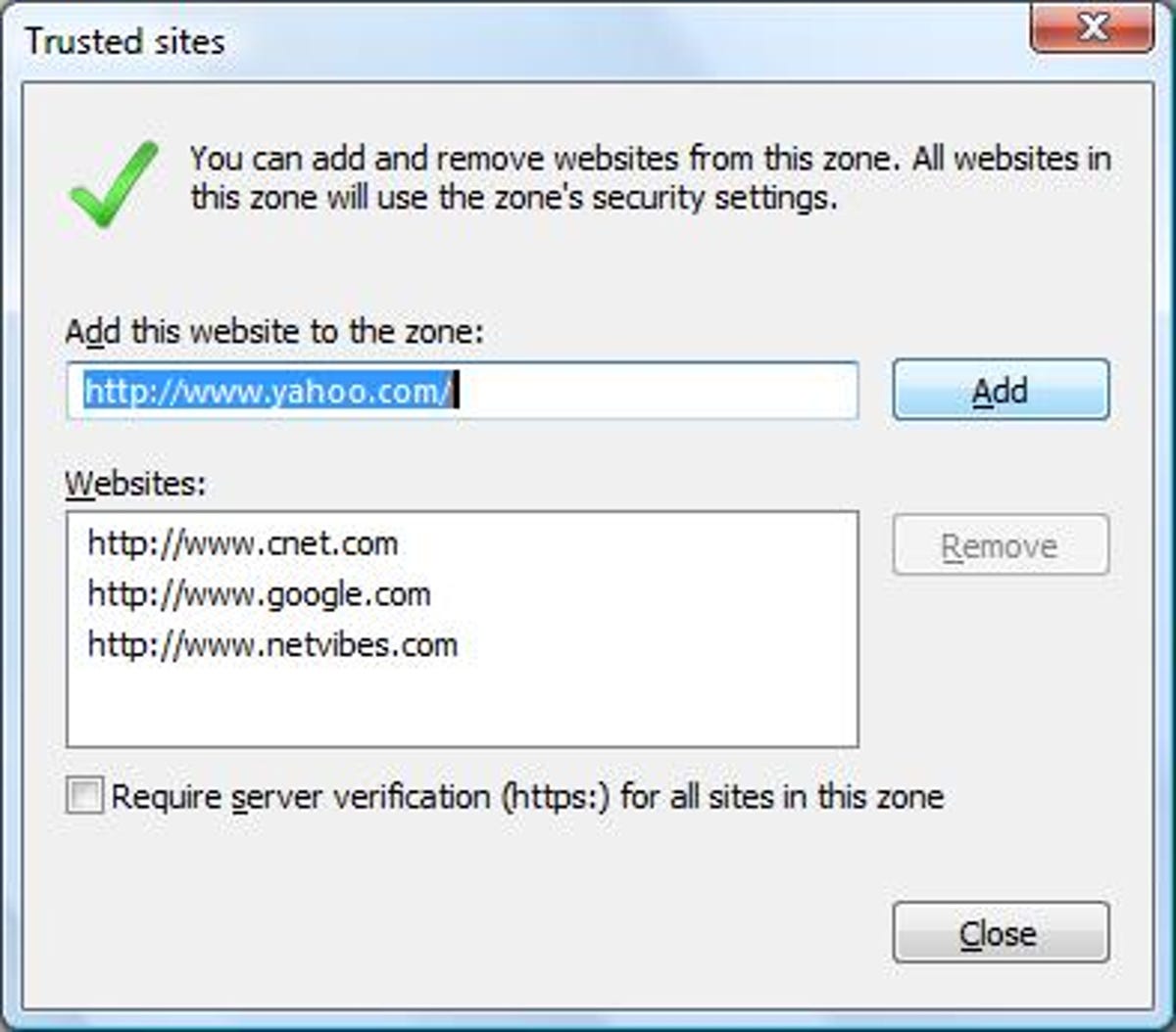Microsoft Internet Explorer 7 Trusted Sites dialog box
