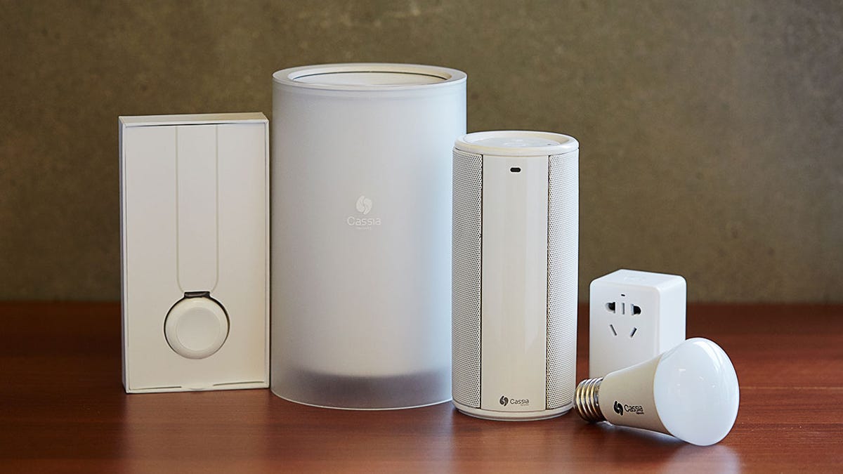Cassia Networks' Bluetooth-powered smart-home products include, from left to right, an emergency help pager, a hub that can broadcast and detect Bluetooth signals throughout a house, a speaker, a remote-controlled power switch​ and a lightbulb.