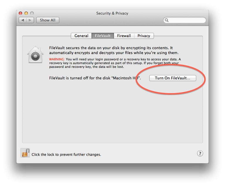 FileVault security preferences