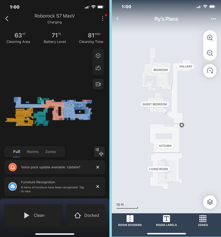 Two screenshots show how the Roborock S7 MaxV Ultra and the iRobot Roomba Combo J7 Plus are each able to map your home as they clean, and then display that info to you in the app.