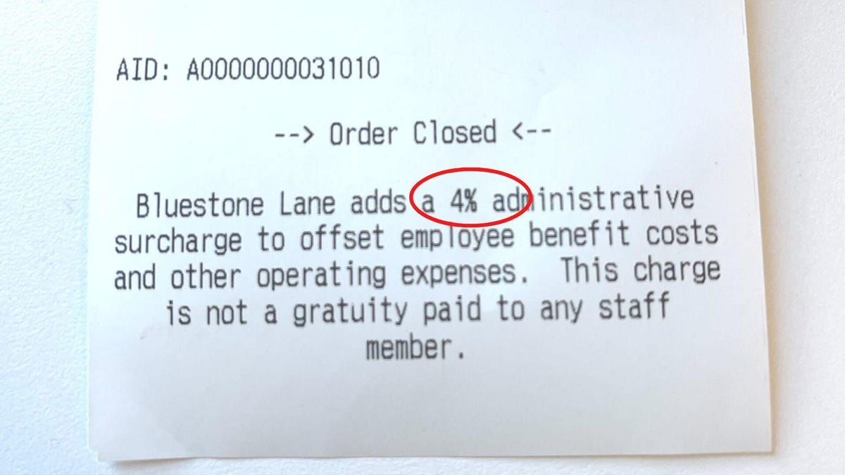 photo of a restaurant receipt with 4% circled: "adds a 4% administrative surcharge to offset employee benefit costs and other operating expenses. This charge is not a gratuity paid to any staff member."