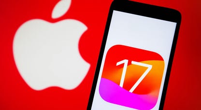 The Apple logo next to a smartphone with the number 17 on the screen