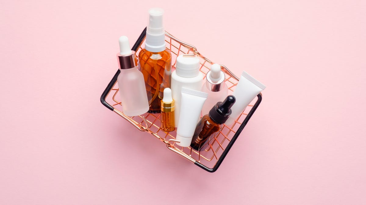 assorted beauty products in a basket