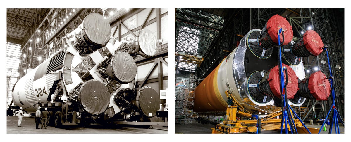 The rocket engine ends of the Saturn V and SLS rocket systems point toward the camera in a horizontal position.