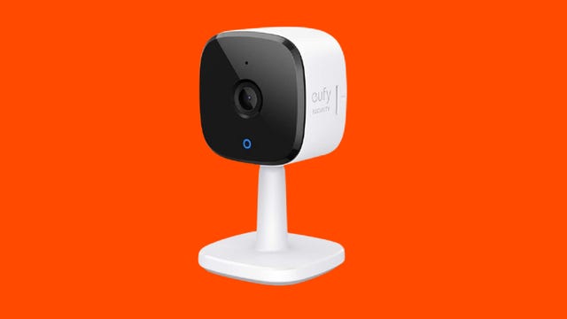 The Eufy C120 cam against a red background.