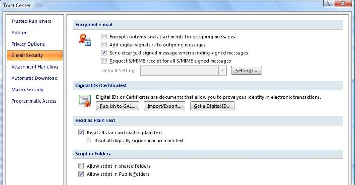 Microsoft Outlook 2007 E-mail Security dialog box