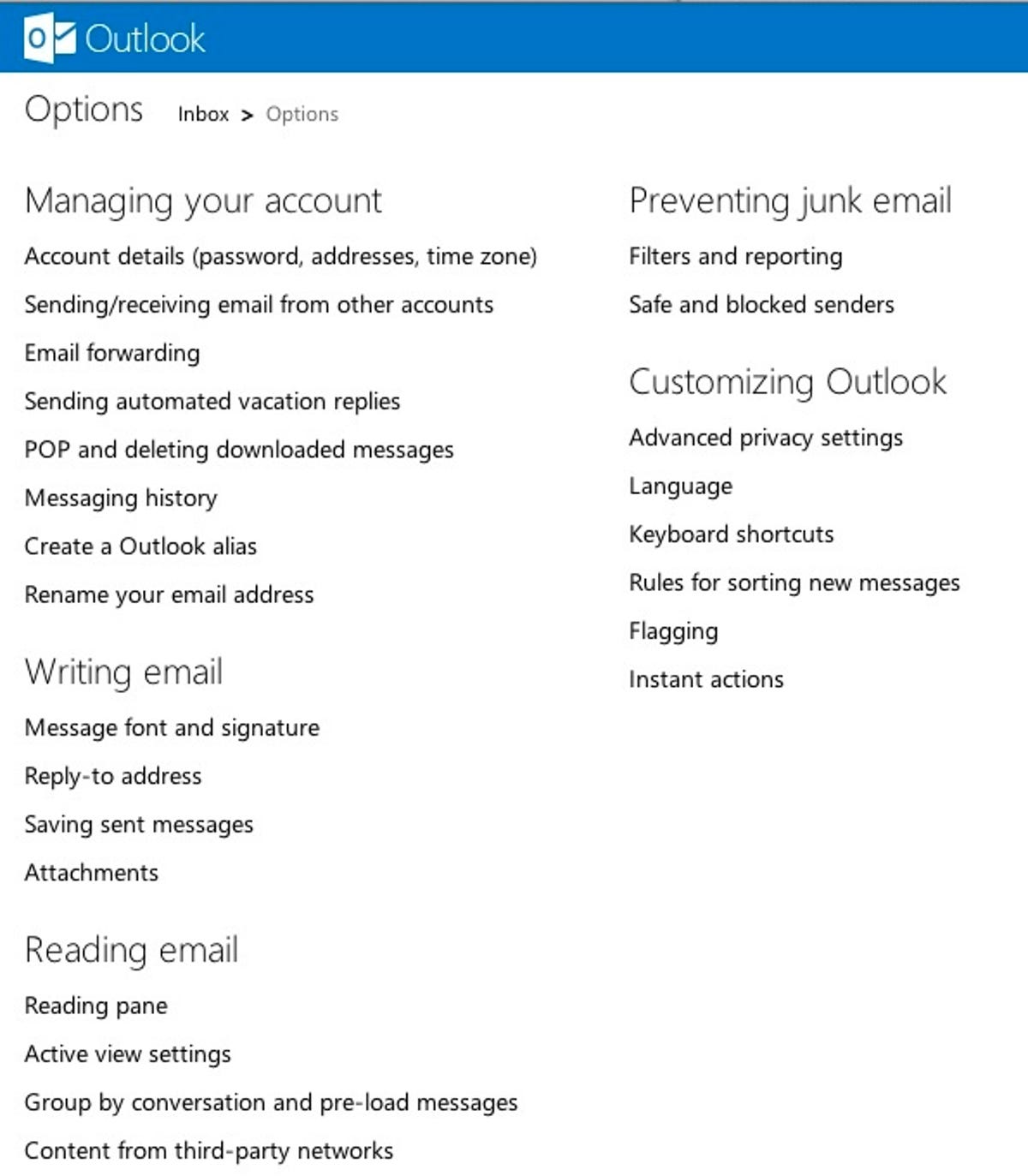 Outlook.com options categories