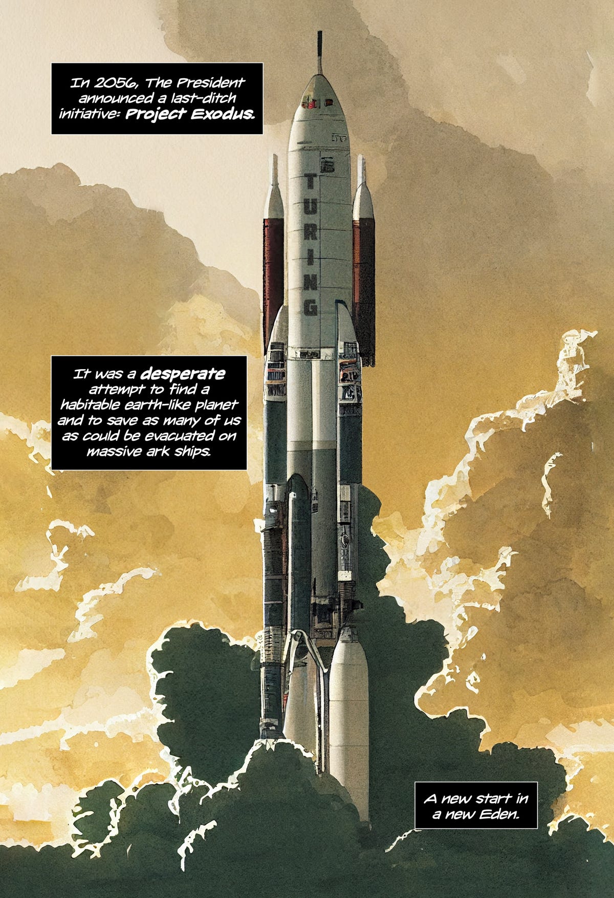 A page from The Exodus, showing rockets pointing upward