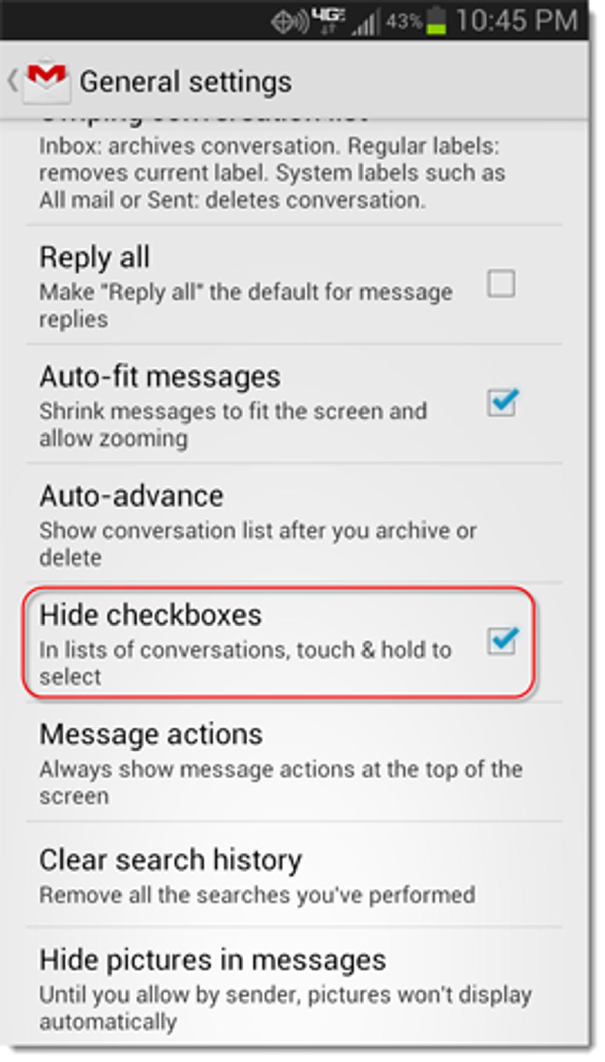 Disable check boxes in Gmail for Android