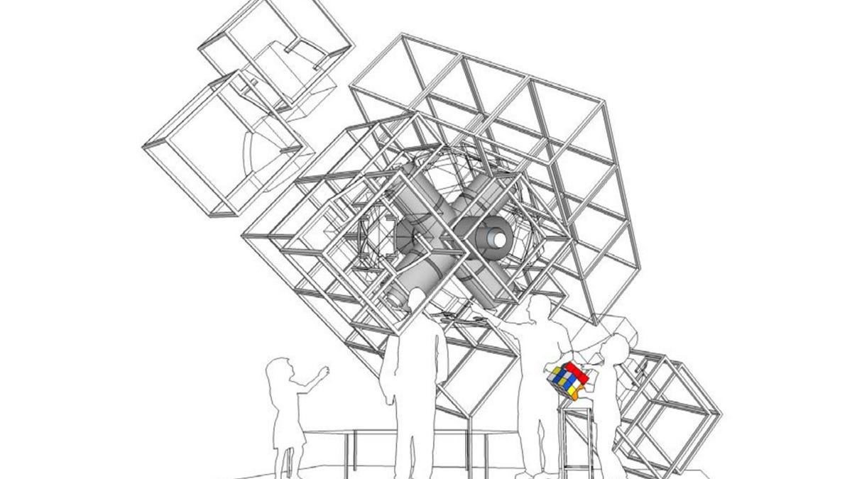 One part of the Beyond Rubik's Cube exhibit is a 12-foot walk-in structure that reveals the inner workings of a Rubik's Cube.