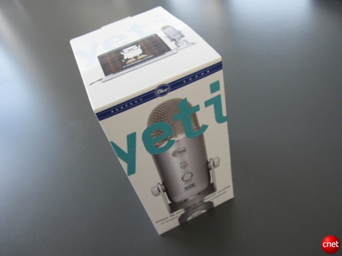 Photo of Yeti USB microphone in its package.