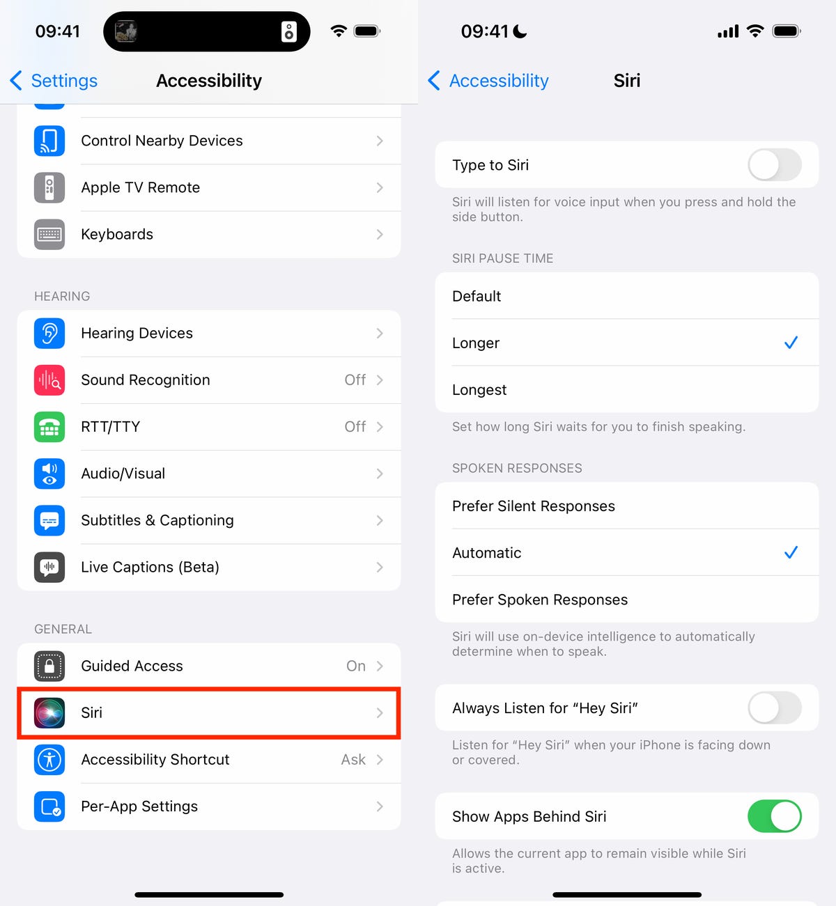 The Siri setting in Accessibility