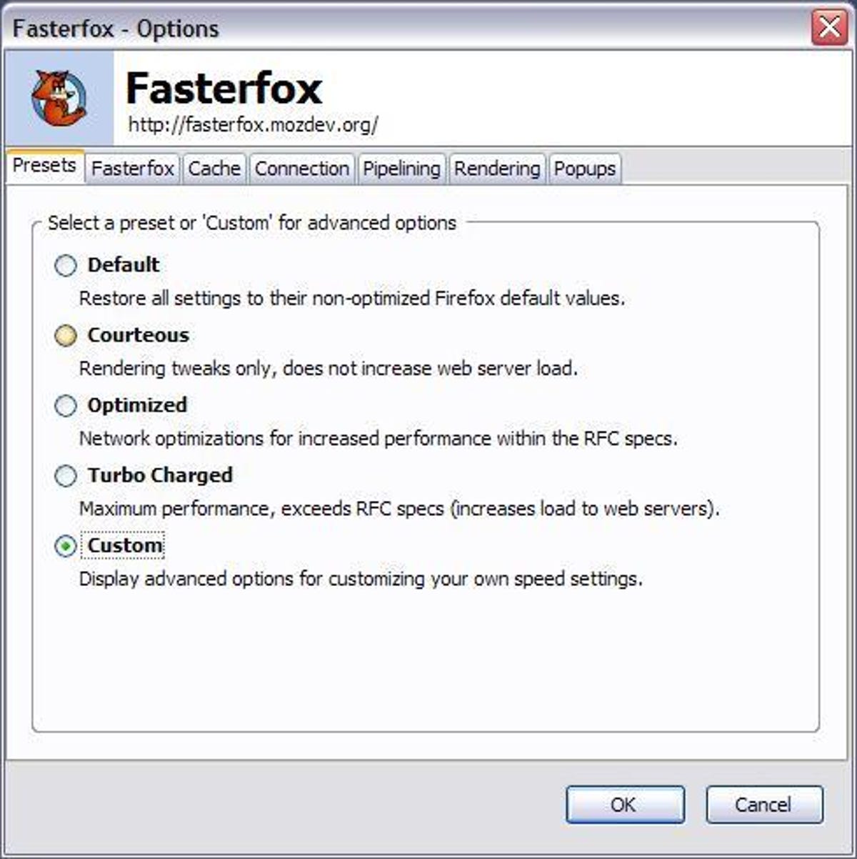 The Options dialog in the Fasterfox add-in for the Firefox browser