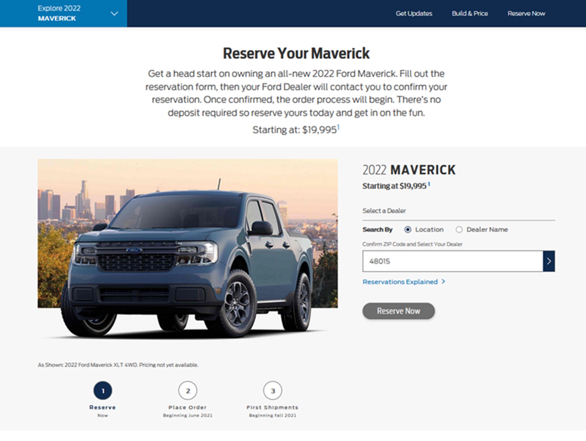 Ford Maverick reservation screen