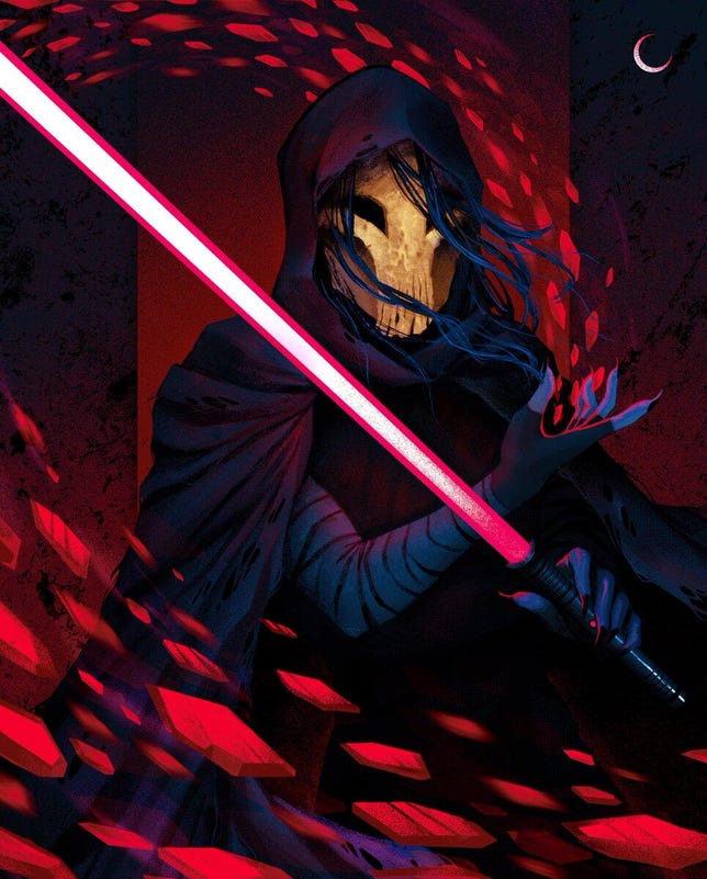 A masked, robed Kiza wields a red lightsaber in Star Wars: Shadow of the Sith.