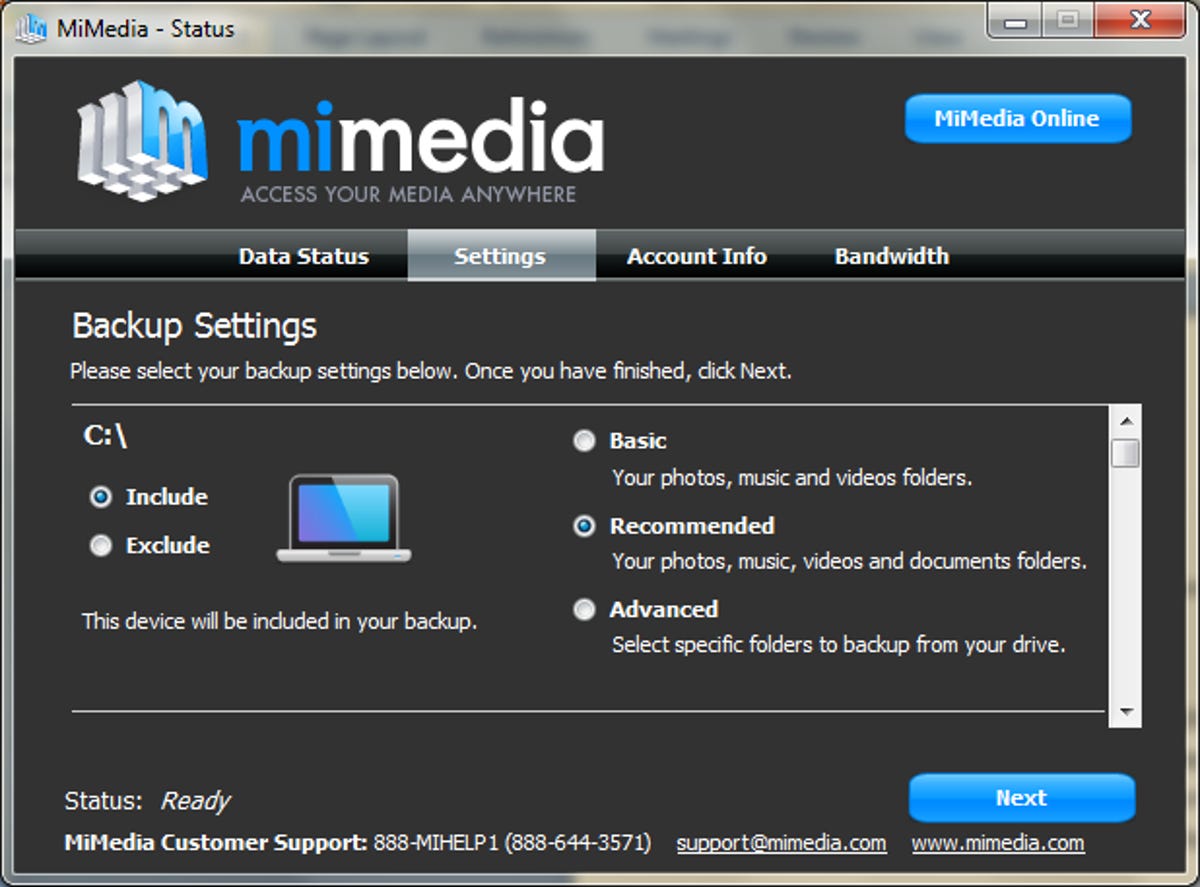 MiMedia setup screen