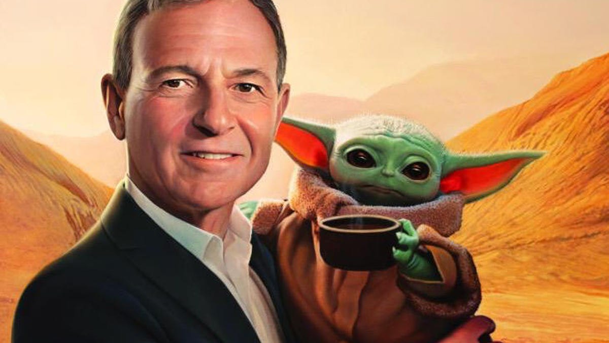 Painting of Disney CEO Bob Iger holding Baby Yoda