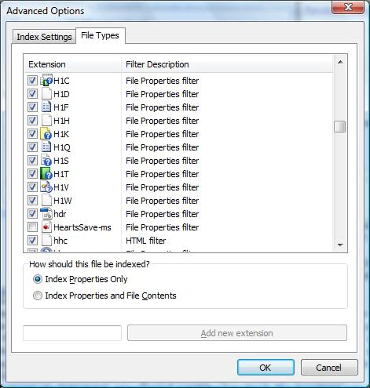 Windows Vista's Advanced Indexing Options dialog box