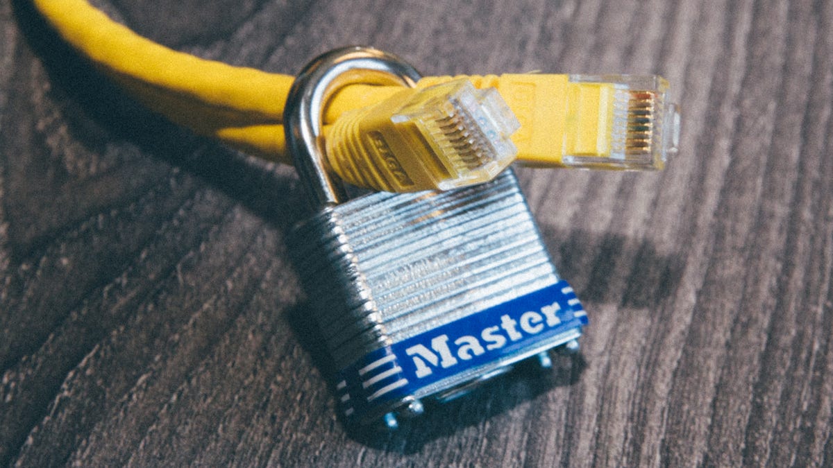 two Ethernet cables poke through a padlock