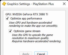 The settings dialog for the PS Plus for PC app has two options: to use GPU for hardware acceleration and to use it to upscale the resolution.