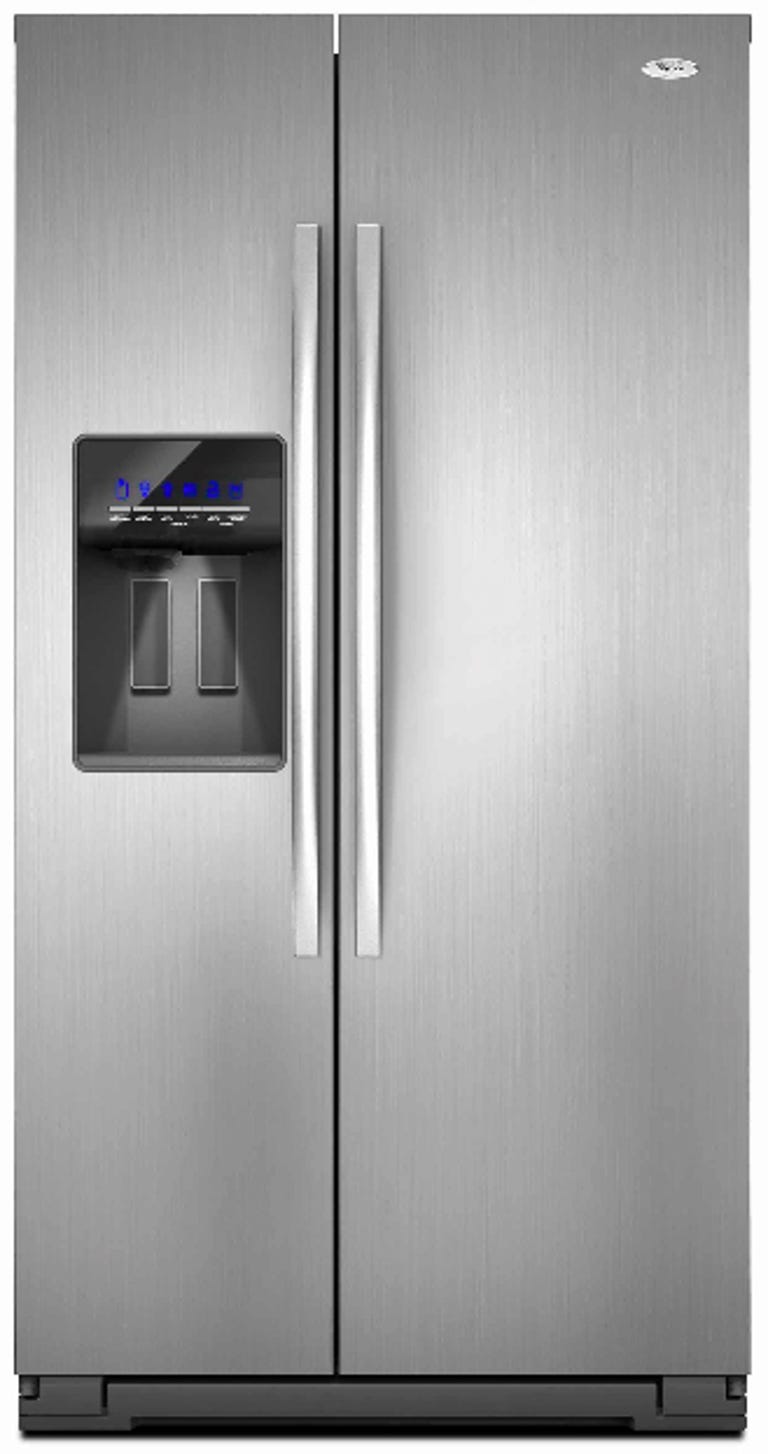 Featuring a large capacity and special spill-containing shelves, the Whirlpool side-by-side refrigerators offer reason to smile.