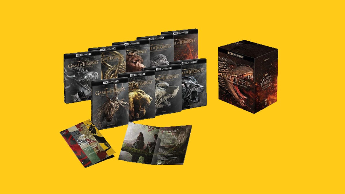 The Game of Thrones box set with its contents displayed against a yellow background.