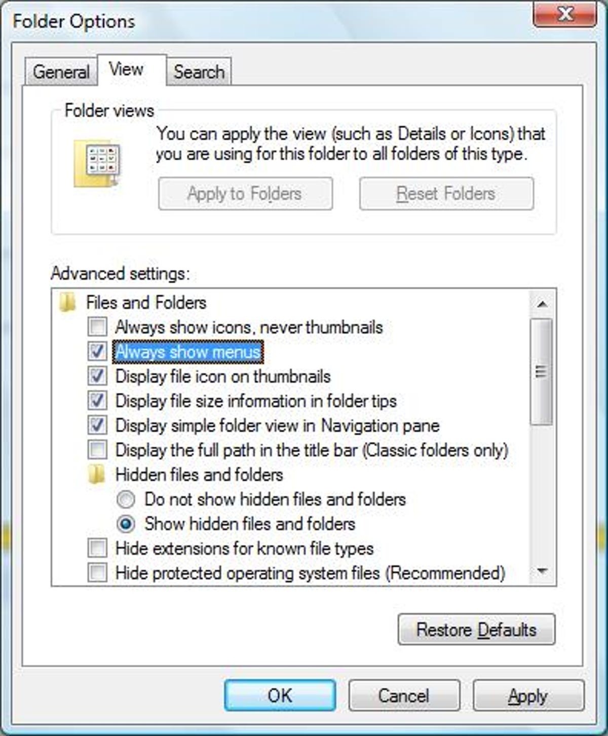 Windows Vista's Advanced Folder Options