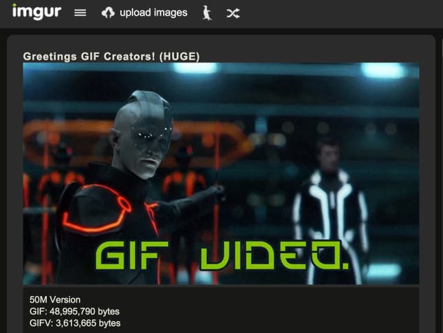 Imgur's GIFV format, which repackages bulky animated GIFs into a video file that behaves the same way, compresses to much smaller file sizes.