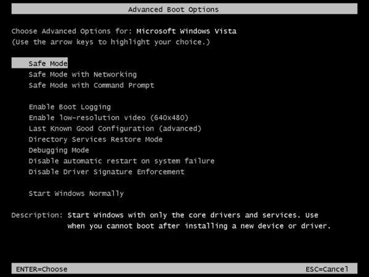 Windows Vista Advanced Boot Options menu
