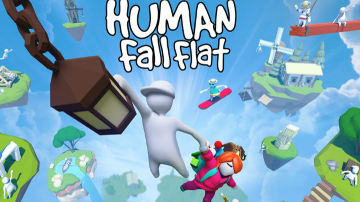 Human: Fall Flat Plus title card showing a character holding onto a lantern with one arm and holding another character with their other arm