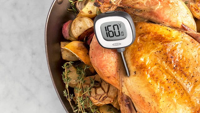 Meat thermometer in roasted chicken