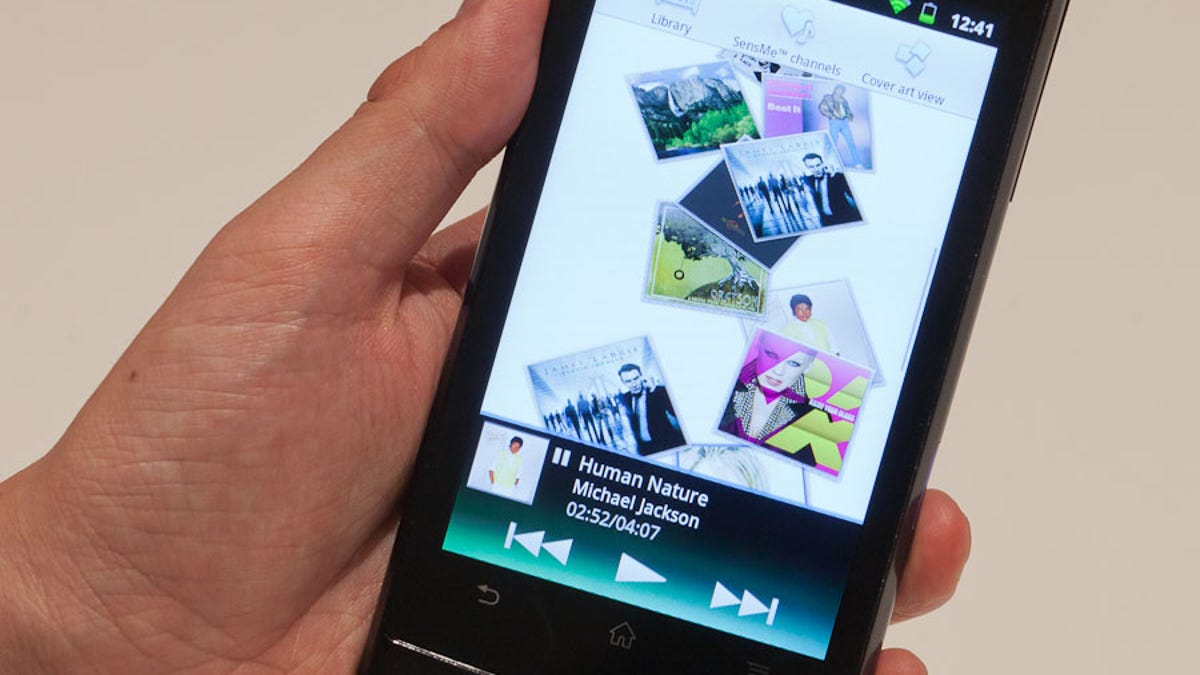 Sony's Android-powered Walkman brings many music-specific features. One of them is this W.Music app, shown here with a scattering of albums that will play when tapped. Swipe gestures bring new albums into view.