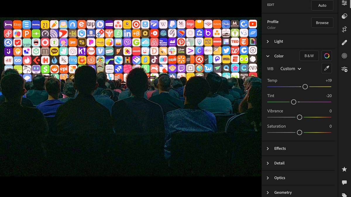 Adobe Lightroom for iPad used to edit a photo of Apple's WWDC 2019 conference.