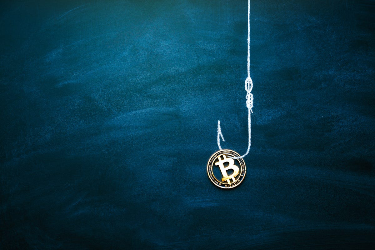 Illustration of a bitcoin on a fishing hook