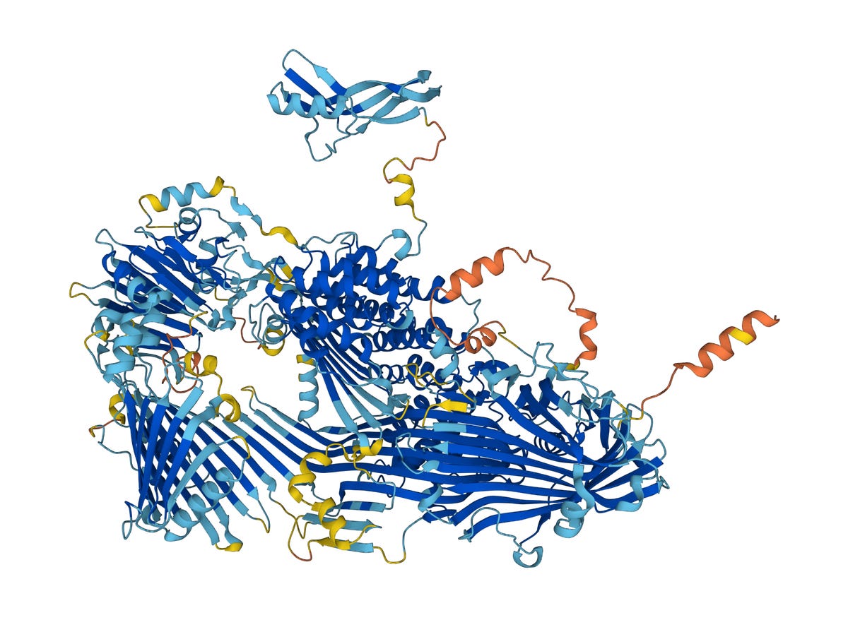 A ribbon diagram of the protein vitellogenin, featuring blue, yellow and orange ribbons.