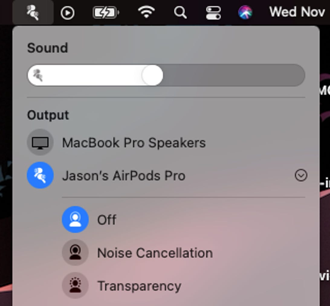 AirPods Pro controls under the sound menu on a Mac