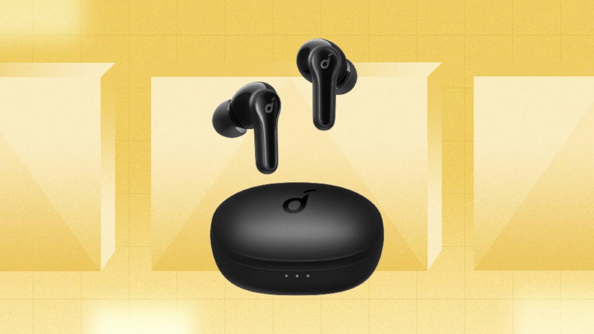 The Anker Soundcore Life Note C true wireless earbuds are displayed against a yellow background.