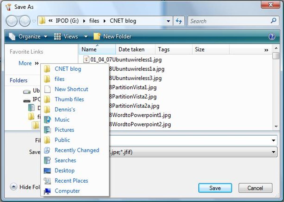 The Favorite Links drop-down menu in Windows Vista's common dialog boxes