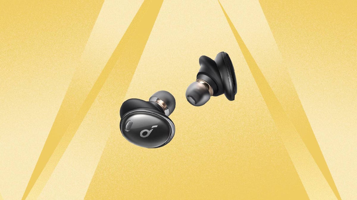 Two black earbuds against a yellow background.