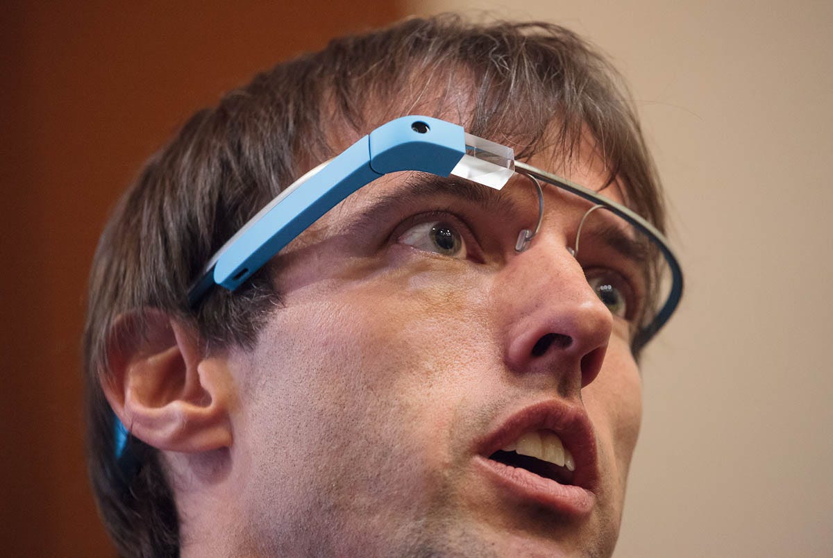 Steve Lee, a member of Google's Project Glass, wearing the computerized headwear at Google I/O.